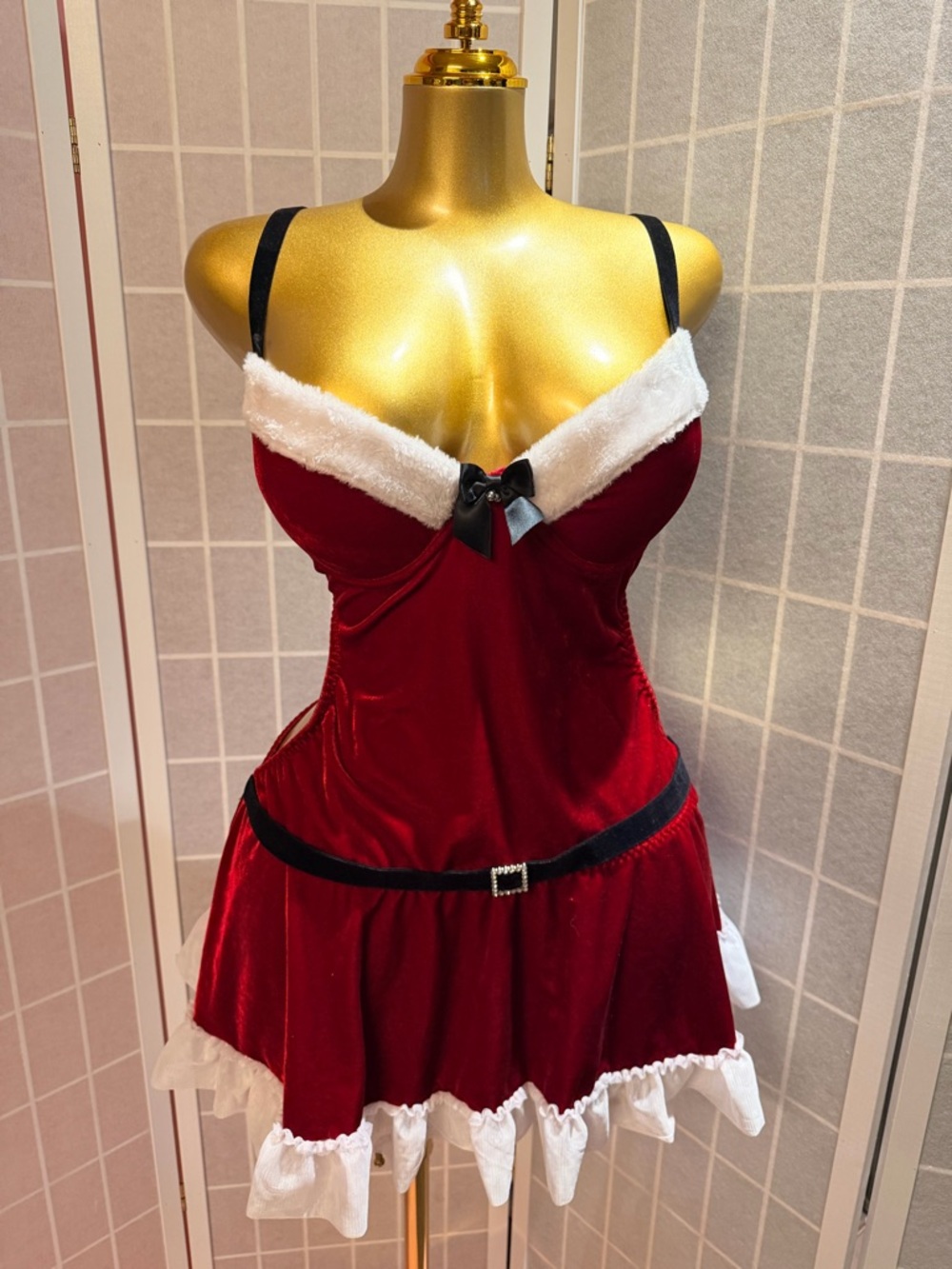 Red Velvet Holiday Chemise with White Trim